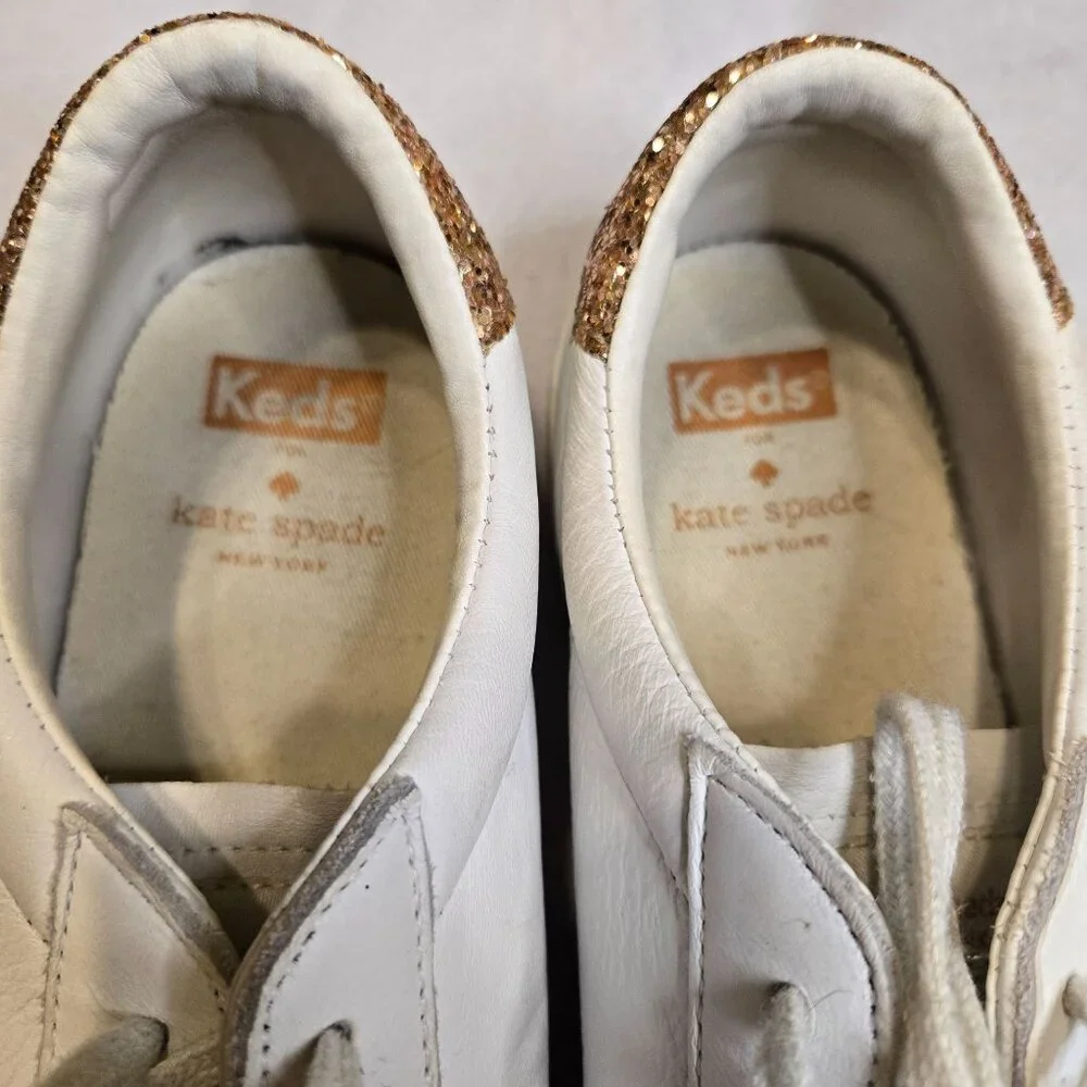 Keds For Kate Spade White Leather Sneakers Shoes Rose Gold Glitter Women's‎ Size